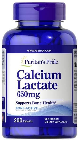 Calcium Lactate 650mg dietary supplement by Puritan's Pride in bottle packaging
